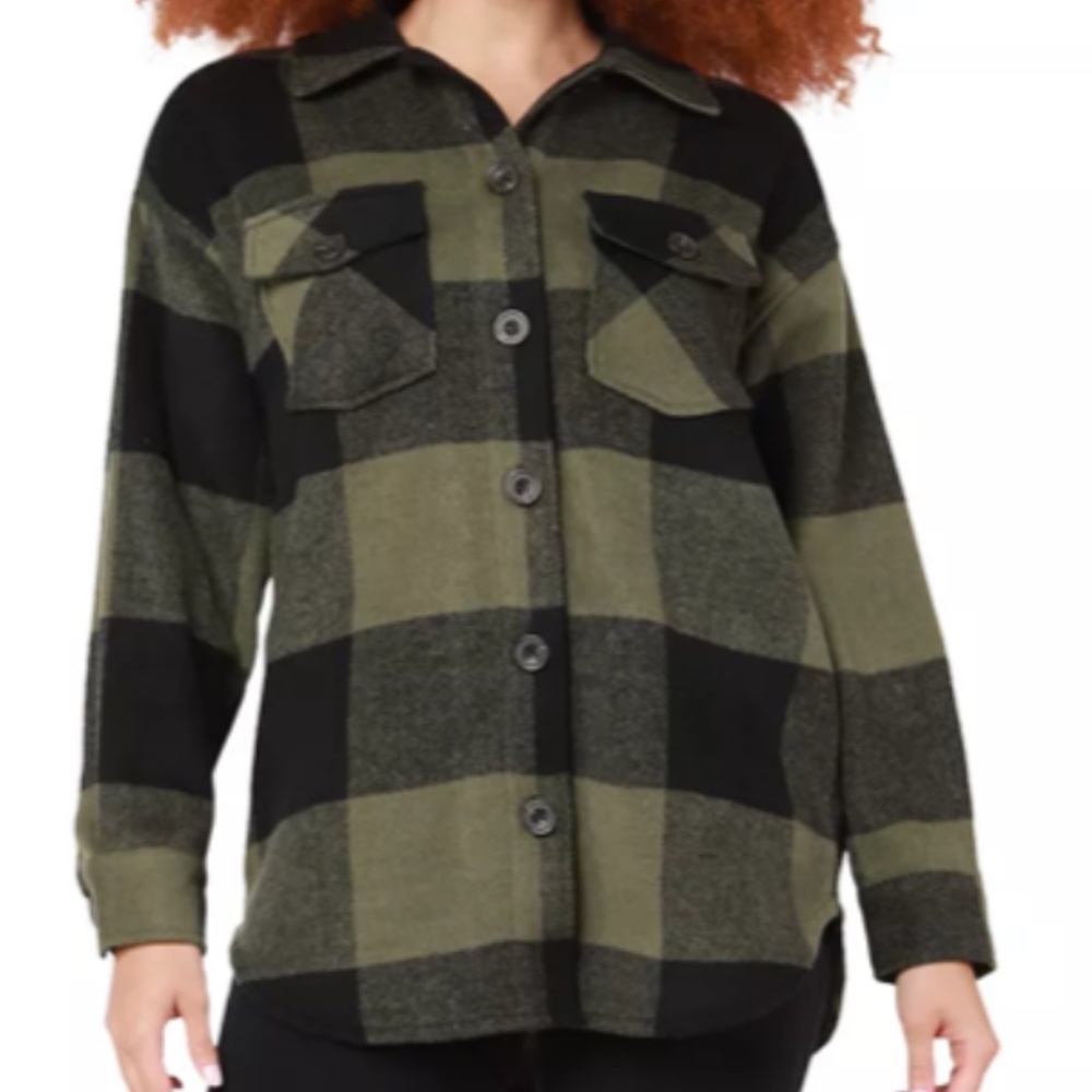 Dusty Olive-Khaki Black Tape_ Long sleeve Button down Shacket - Size 1X